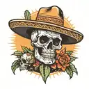 Skull in sombrero is lying in front of a cactus with a mexican sunset behind tattoo design idea