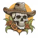 Skull in sombrero is lying in front of a cactus with a mexican sunset behind tattoo design idea