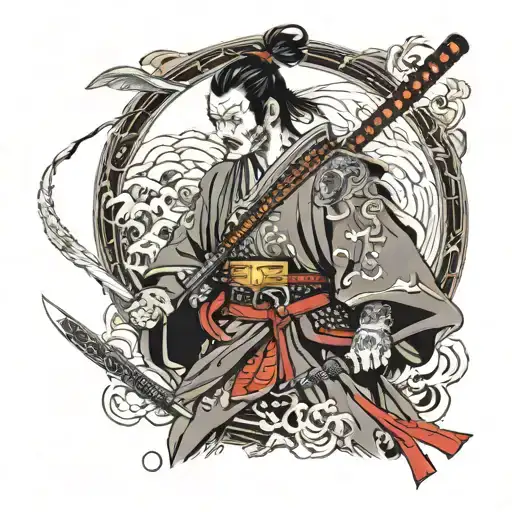 a lone samurai with a katana in his hand, covered in arrows, takes one of his chests from the sides the god of death and tattoo design idea