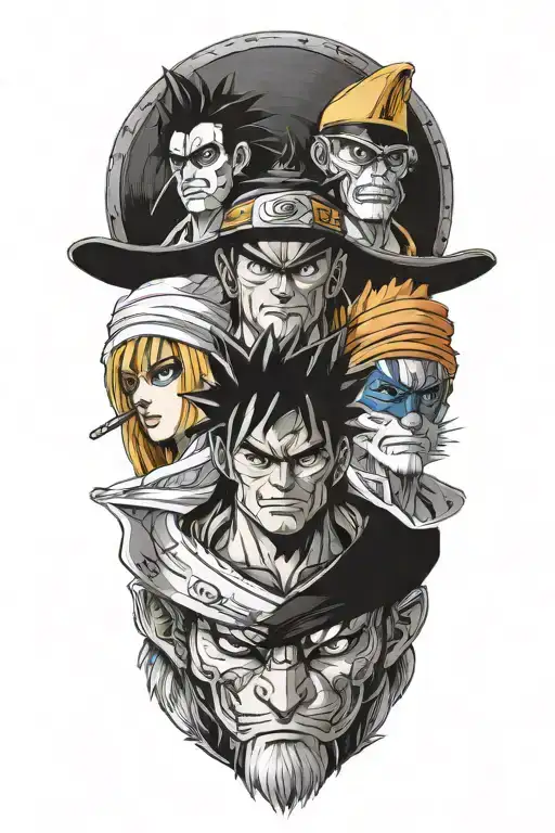 Straw Hat Pirates, Goku, Vegeta, Super Saiyan 2 Teen Gohan, Naruto, Kurama, and Ichigo tattoo design idea