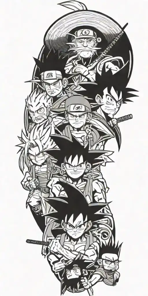 Straw Hat Pirates, Goku, Vegeta, Super Saiyan 2 Teen Gohan, Naruto, Kurama, and Ichigo tattoo design idea