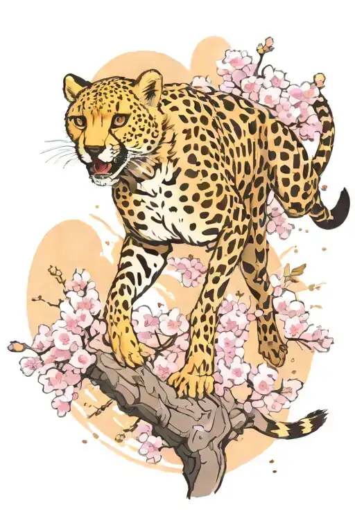 A cheetah sprinting through a cherry blossom forest, with a background of anime characters in various action poses tattoo design idea