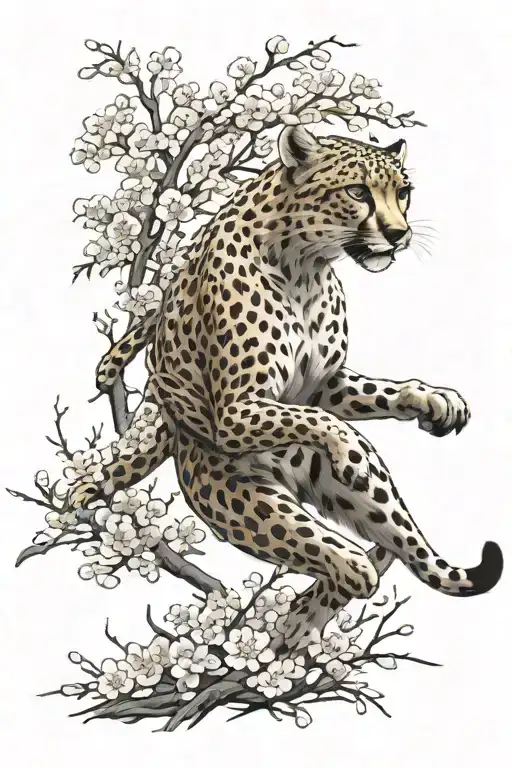 A cheetah sprinting through a cherry blossom forest, with a background of anime characters in various action poses tattoo design idea