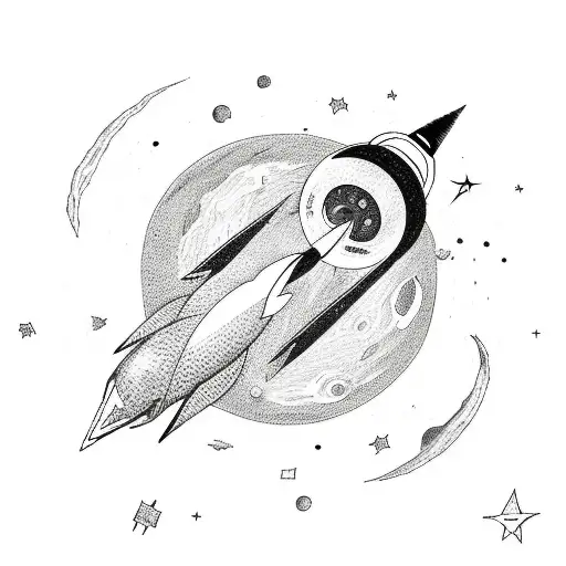 rocket leaving earth passing crescent moon, planet and star tattoo design idea