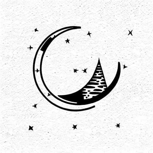 rocket leaving earth straight line passing crescent moon, planet and star tattoo design idea