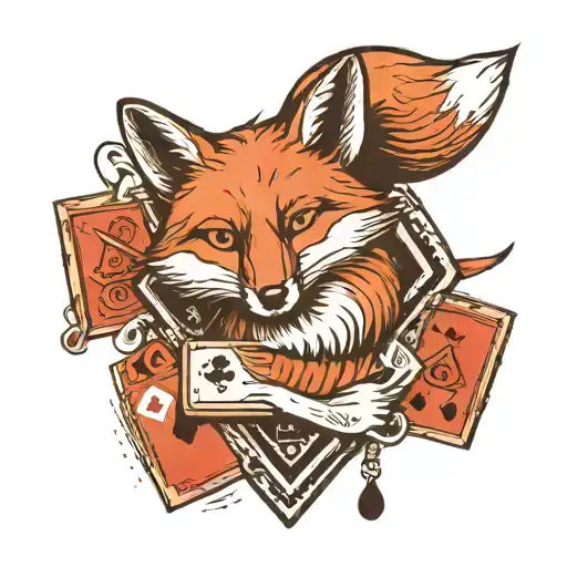 Small minimal fox sitting on a square background, accented by calligraphy brush strokes, with 4 large Aces playing cards tattoo design idea