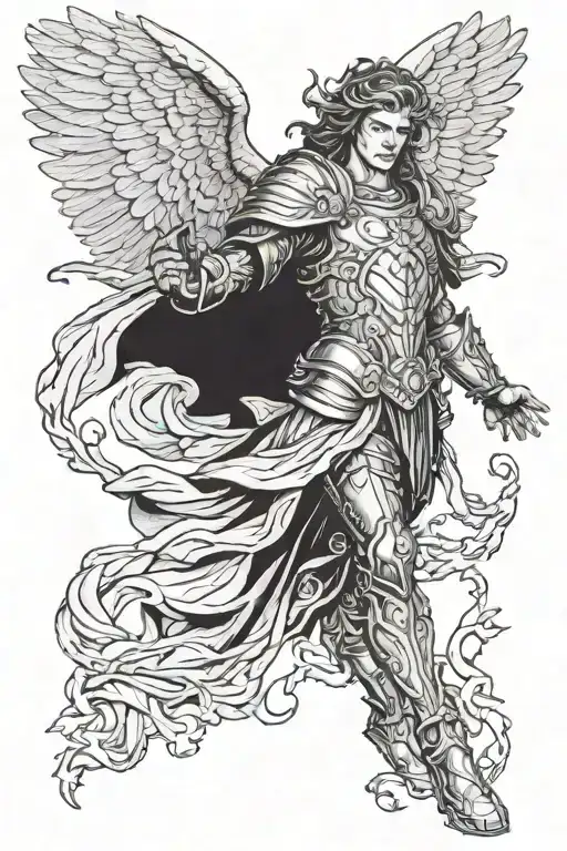 Archangel Gabriel fighting demons armor holding tattoo design idea