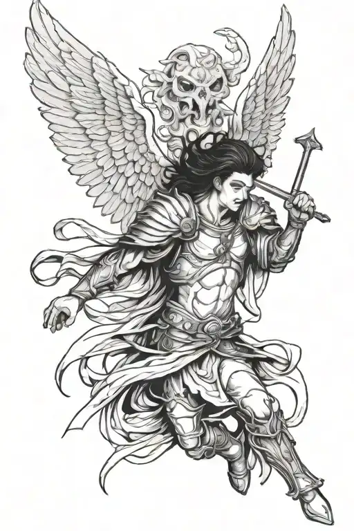 Archangel Gabriel fighting demons armor holding short hair tattoo design idea