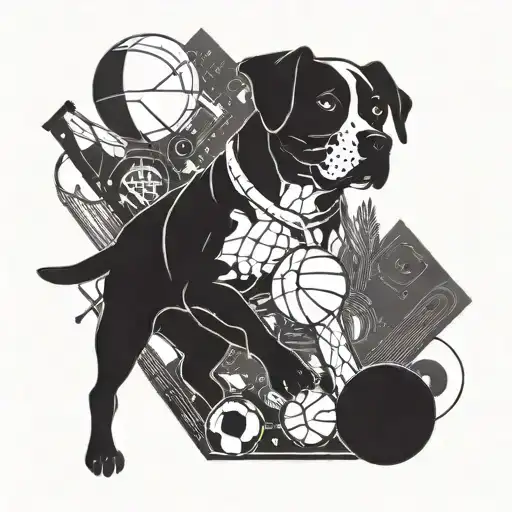 A dynamic and abstract representation of various sports equipment intertwined with a silhouette of a dog, symbolizing the client's love for both sports and their pet tattoo design idea