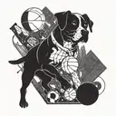 A dynamic and abstract representation of various sports equipment intertwined with a silhouette of a dog, symbolizing the client's love for both sports and their pet tattoo design idea