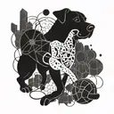 A dynamic and abstract representation of various sports equipment intertwined with a silhouette of a dog, symbolizing the client's love for both sports and their pet tattoo design idea