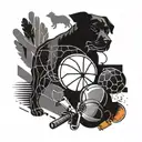 A dynamic and abstract representation of various sports equipment intertwined with a silhouette of a dog, symbolizing the client's love for both sports and their pet tattoo design idea