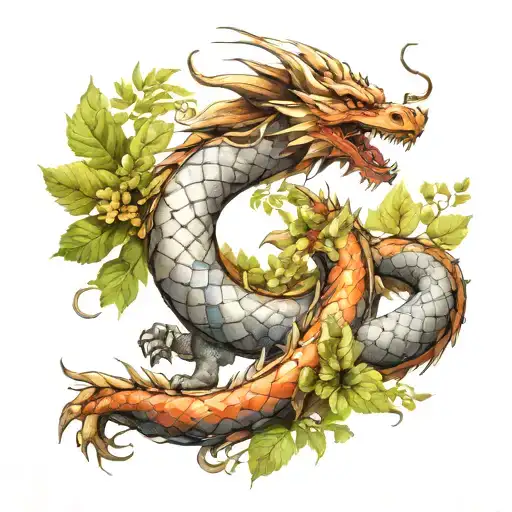 sleave tattoo of earth dragon made of stone, wood and leaves. triforce tattoo design idea