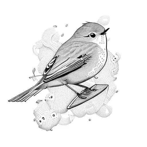 A robin flying over a rowing boat with a crochet patterned sail tattoo design idea