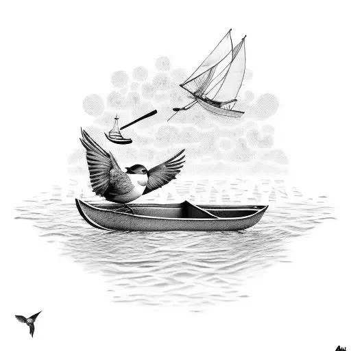 A robin flying over a rowing boat with a crochet patterned sail tattoo design idea