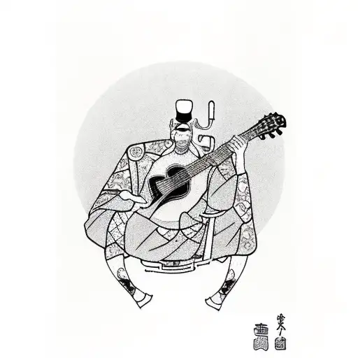 A surgeon surrounded by musical notes and instruments, with a guitar in hand tattoo design idea