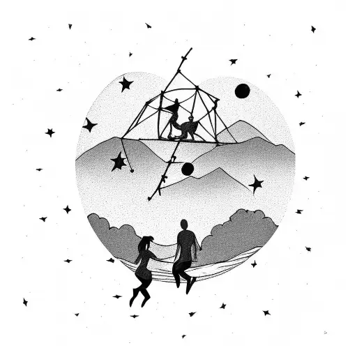 2 people lying on a trampoline pointing at a shooting star with the rocky mountains in the back tattoo design idea