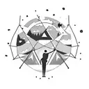 2 people lying on a trampoline pointing at a shooting star with the rocky mountains in the back tattoo design idea