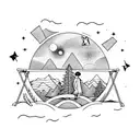 2 people lying on a trampoline pointing at a shooting star with the rocky mountains in the back tattoo design idea