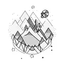 2 people lying on a trampoline pointing at a shooting star with the rocky mountains in the back tattoo design idea