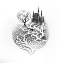 half sleeve that includes images from fantasy novels, incorporating Harry Potter, stormlight archives, tress and the eme tattoo design idea