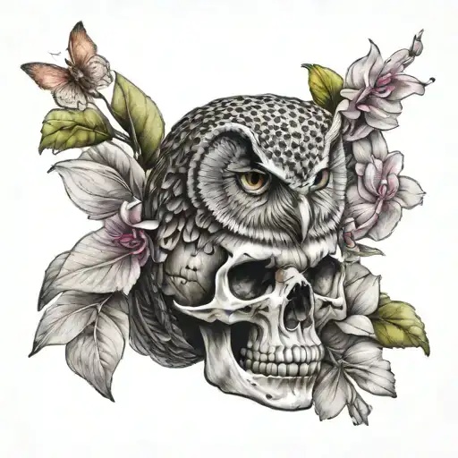 owl standing on a sideways skull with orchid flowers tattoo design idea