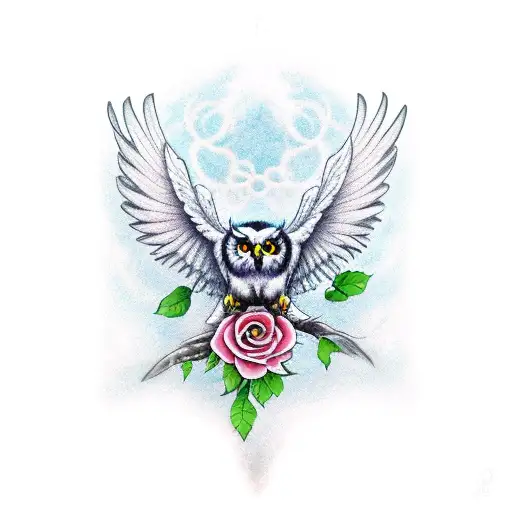 flying white owl, edelweiss, rose, bee tattoo design idea