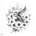 barn owl, edelweiss, rose, bee tattoo design idea