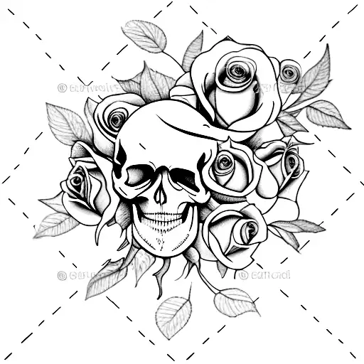 yellow rose and skull with a banner with the name Pinky and the dates 3/8/88 & 3/24/23 tattoo design idea