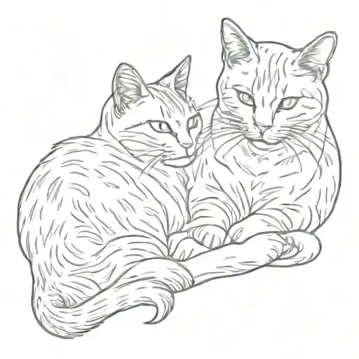 2 cats, one smaller than the other, lie on their sides nose to nose, between them is a miniature of a two-story wooden h tattoo design idea