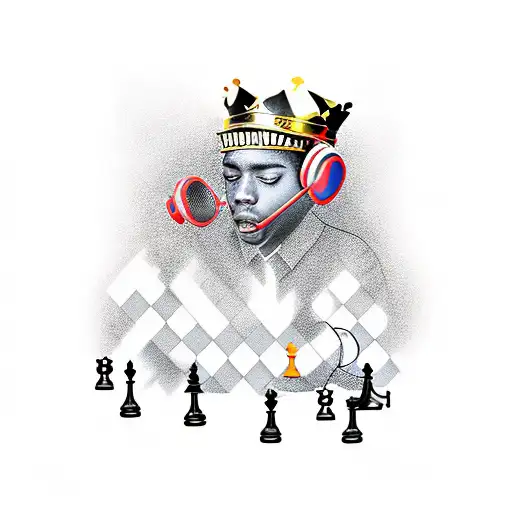 A chess king wearing headphones and playing a musical instrument tattoo design idea