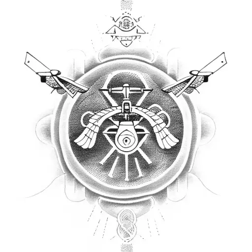 A dotwork tattoo of a flight medic holding a caduceus symbol, with a helicopter flying overhead in the background tattoo design idea