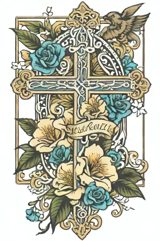 Bible verse Philippians 4:13 with cross and fear god with the names Damaris, Elias, Samantha tattoo design idea