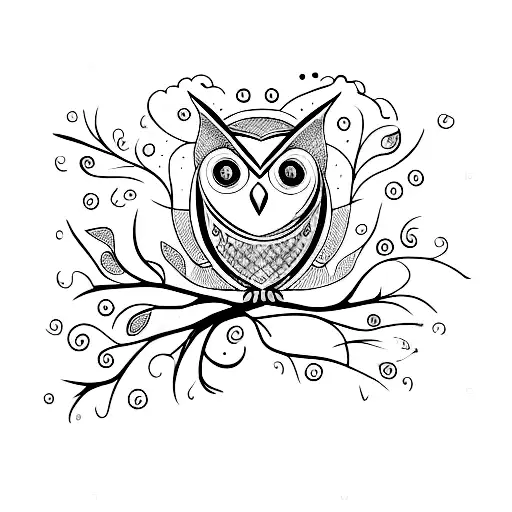 A mystical owl perched on a tree branch with cascading waterfalls and butterflies tattoo design idea