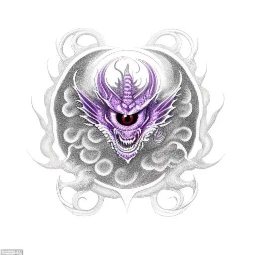 fierce purple dragon eye with reflection of dragon with wings spread and breathing fire inside the eye tattoo design idea