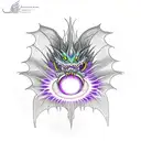 fierce purple dragon eye with reflection of dragon with wings spread and breathing fire inside the eye tattoo design idea