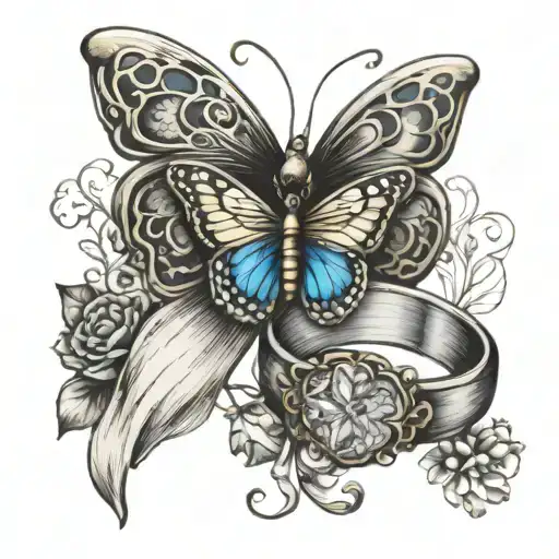 50the wedding anniversary with two wedding bands and a butterfly  tattoo design idea
