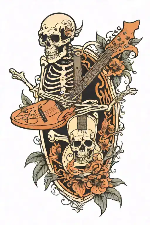 beach skeleton surfboard and guitar surrounded tattoo design idea