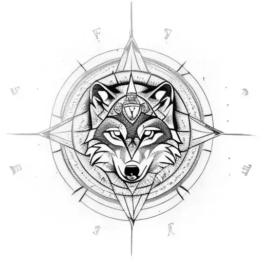 Wolf with compass and north star tattoo design idea