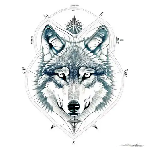 Wolf with compass and north star tattoo design idea
