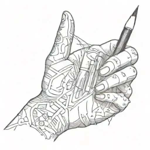 A sketch-style tattoo of a hand holding a pencil, surrounded by various anatomy sketches, showcasing the client's passion for drawing and anatomy tattoo design idea