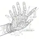 A sketch-style tattoo of a hand holding a pencil, surrounded by various anatomy sketches, showcasing the client's passion for drawing and anatomy tattoo design idea
