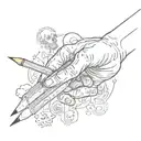 A sketch-style tattoo of a hand holding a pencil, surrounded by various anatomy sketches, showcasing the client's passion for drawing and anatomy tattoo design idea