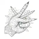 A sketch-style tattoo of a hand holding a pencil, surrounded by various anatomy sketches, showcasing the client's passion for drawing and anatomy tattoo design idea