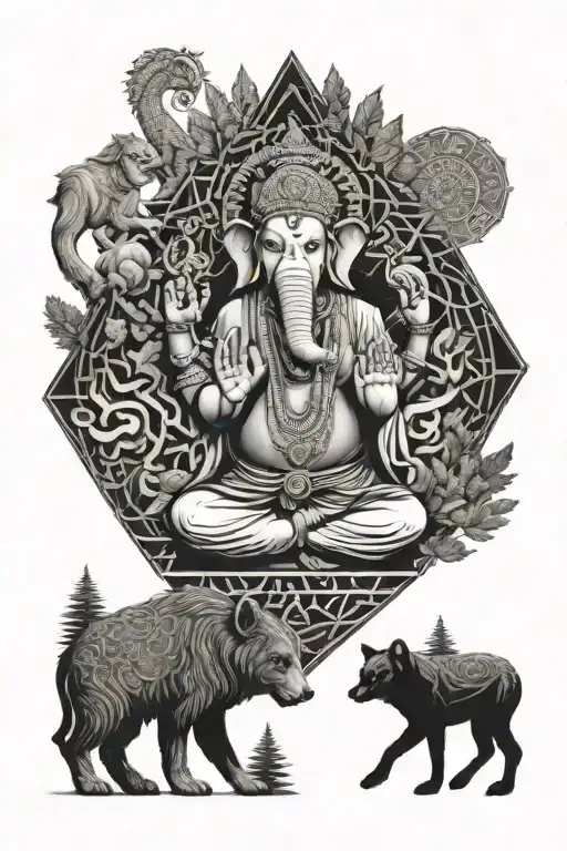 Ganpati, Hanuman & wolf in a forest tattoo design idea