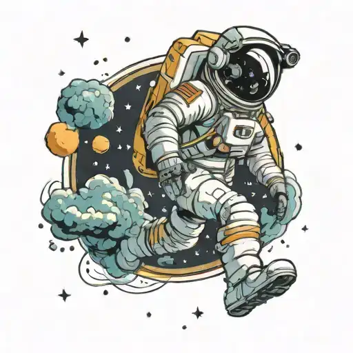 an astronaut floating in space on MMU with the earth in the background   tattoo design idea