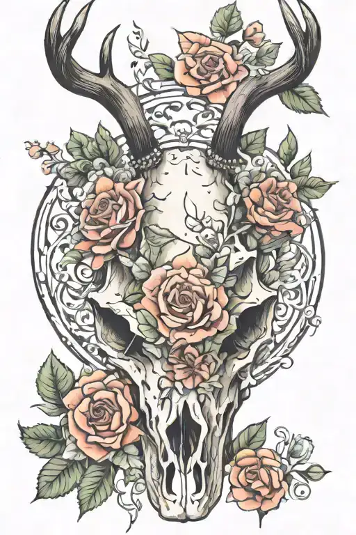 Deer skull with flowers tattoo design idea