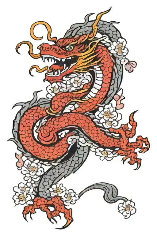 chinese dragon with cherry blossom tree and blood moon  tattoo design idea