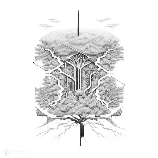 nature versus technology sleeve, incorporating trees and circuitry designs tattoo design idea