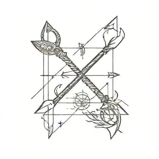 two crossed arrows, on all four sides I want a rudder, an airplane, a beer and a shrimp  tattoo design idea